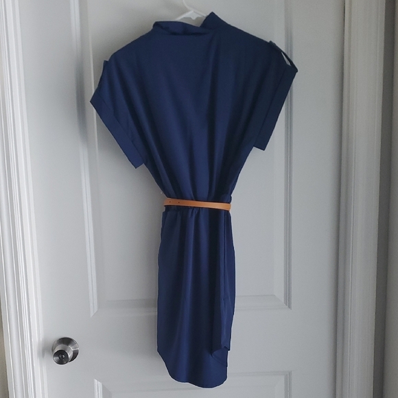 Elegant Blue Midi Dress with Tan Belt - Picture 3 of 4